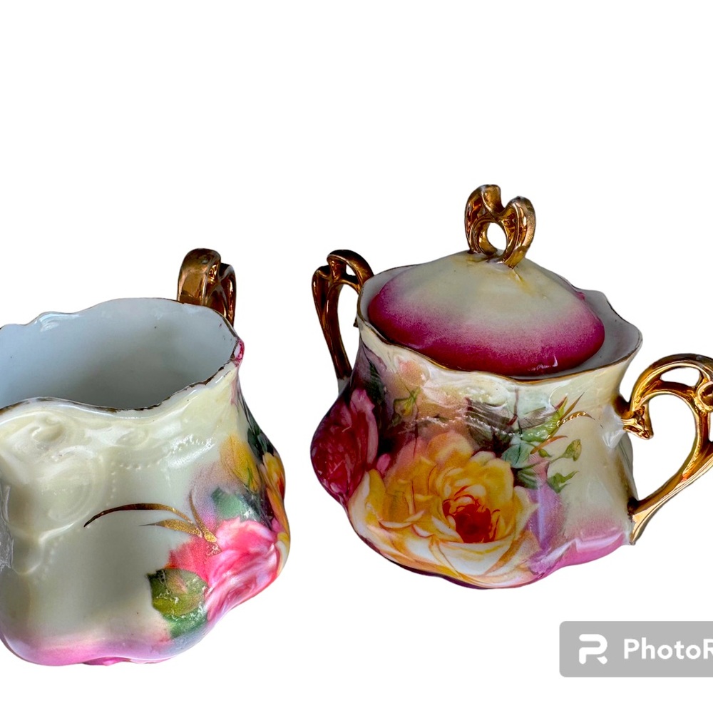 German Handpainted Antique Sugar/Creamer  Floral Numbered 420 Double Handles